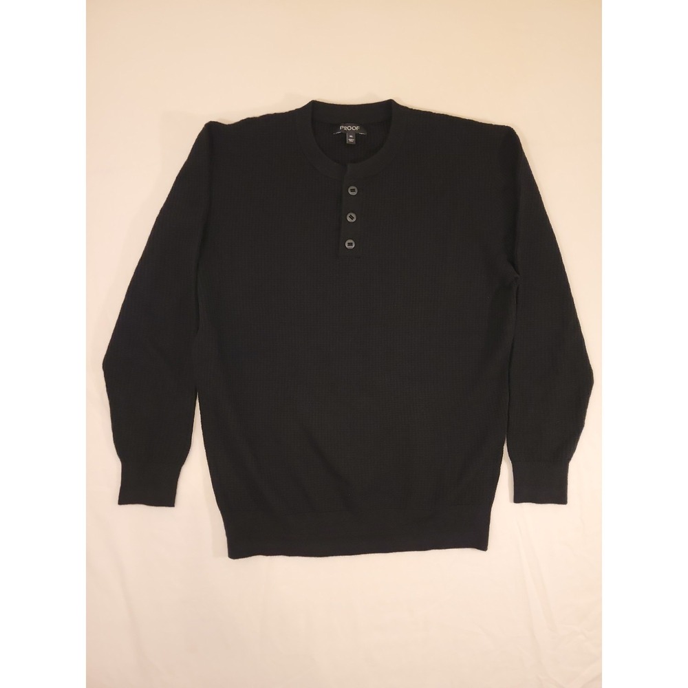 Proof 72 Hour Henley Sweater Mens XL Merino Wool Blend Black Waffle Knit All Day